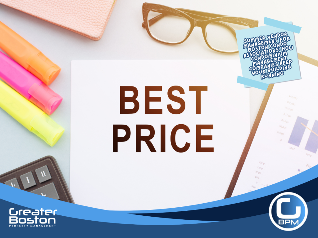 Best price note card with calculator highlighters and financial charts representing the volume vendor pricing advantage Boston condo associations gain through professional condominium management companies versus self-managed retail rates in 2026