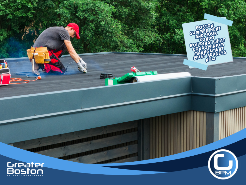 Licensed roofing contractor inspecting and repairing flat roof membrane on Boston condo building in summer representing the priority flat roof and EPDM membrane inspection condominium management must schedule before fall rain season in 2026