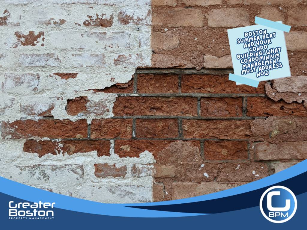 Severely deteriorated Boston condo building brick masonry facade showing spalling brick mortar joint failure and surface crumbling representing summer thermal movement damage that condominium management must inspect and repair in 2026