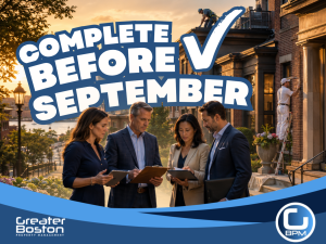 Boston condo association trustees reviewing summer close-out checklist on clipboards and tablets outside brownstone with contractors completing exterior work before September deadline representing everything trustees must finish before fall in 2026