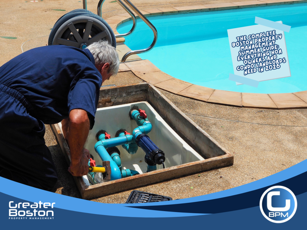 Pool maintenance technician inspecting underground pump and filtration system at Boston HOA community pool representing summer pool compliance permit renewal and Certified Pool Operator requirements for board members in 2026