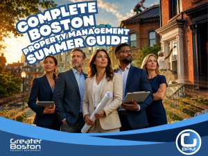Professional Greater Boston Property Management team with tablets clipboards and building plans standing confidently in front of Boston brownstone with rooftop contractor and skyline representing the complete 2026 Boston property management summer guide for HOA owners and condo landlords