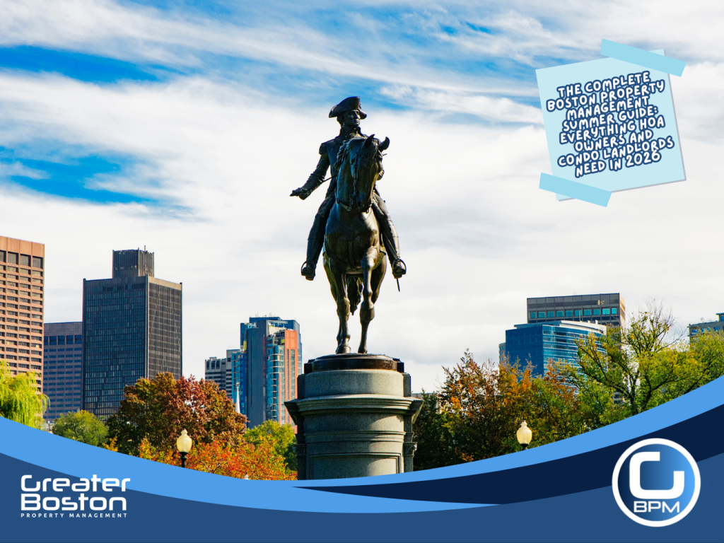 George Washington equestrian statue in Boston Public Garden with downtown Boston skyline representing why summer is the defining season for Boston property management HOA owners and condo landlords in 2026