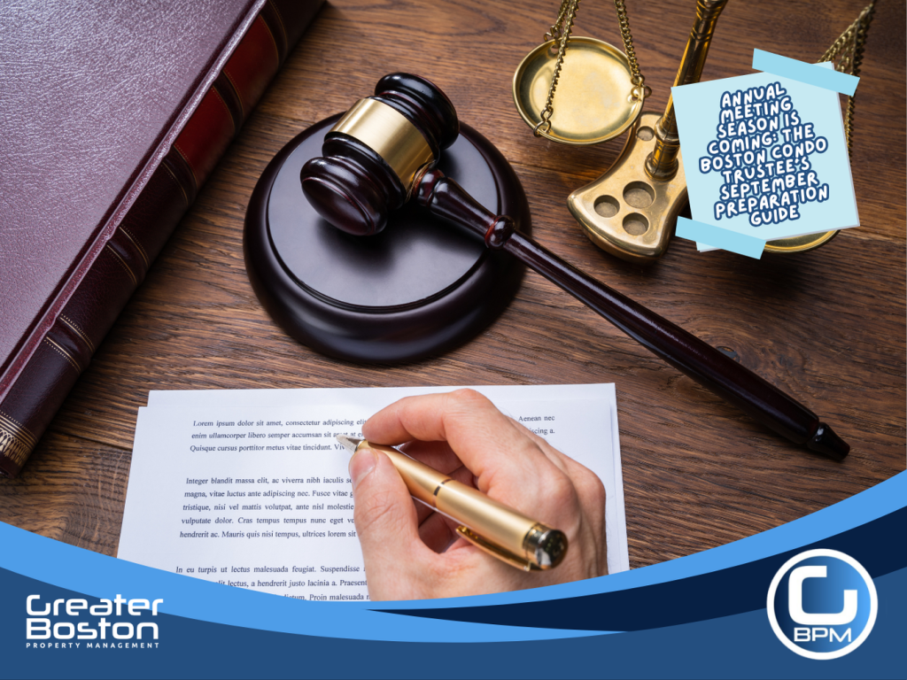 Judge's gavel scales of justice and legal document signing representing Massachusetts Chapter 183A legal requirements Boston condo trustees must verify in governing documents for annual meeting notice quorum and voting procedures in 2026