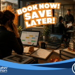 Boston condo association property manager on phone booking fall vendors in August with scheduling calendar on tablet laptop showing condo building and contractors meeting in background representing why Boston condo associations must hire fall vendors before September in 2026
