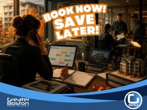 Boston condo association property manager on phone booking fall vendors in August with scheduling calendar on tablet laptop showing condo building and contractors meeting in background representing why Boston condo associations must hire fall vendors before September in 2026