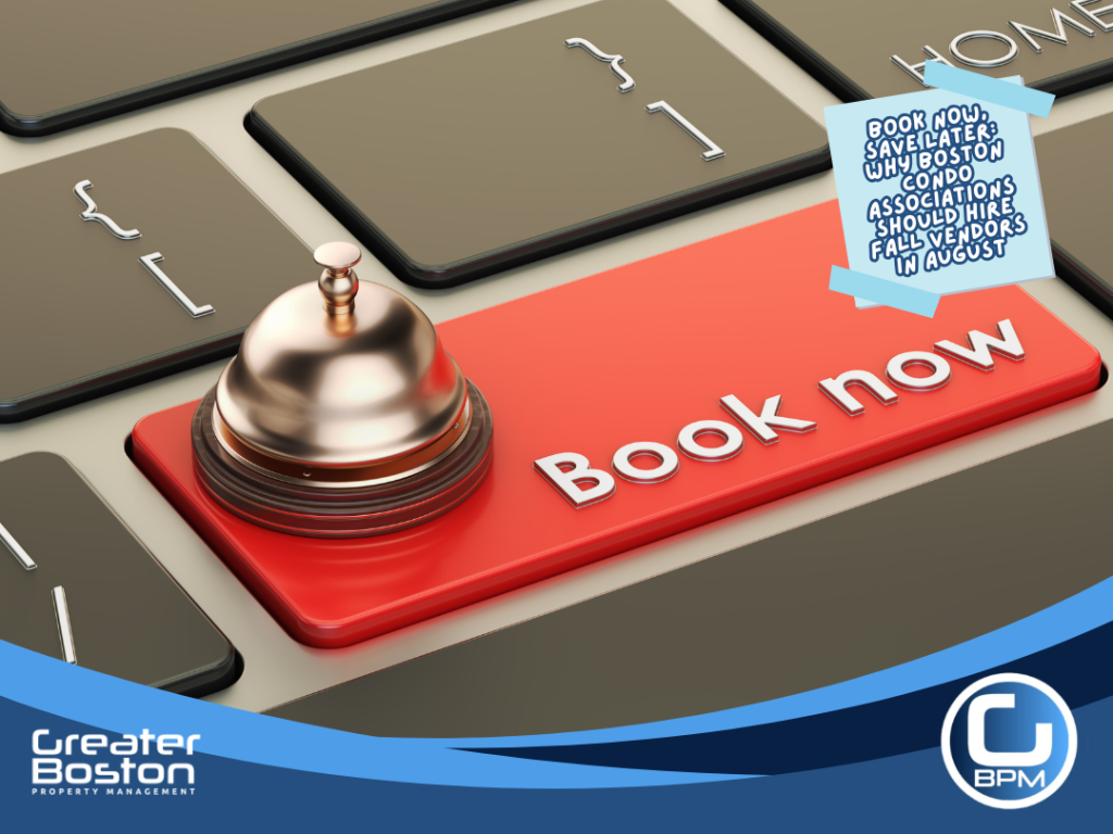 Book now keyboard button with service bell representing the urgency for Boston condo associations to book fall vendors in August using sound contract scope insurance verification and licensing practices before September availability closes in 2026