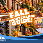 Four-panel Boston fall maintenance guide collage showing gutter leaf clearing on brownstone roofline landscaping cleanup HVAC servicing and checklist review with Boston skyline representing complete condo and HOA board fall maintenance tasks before winter 2026
