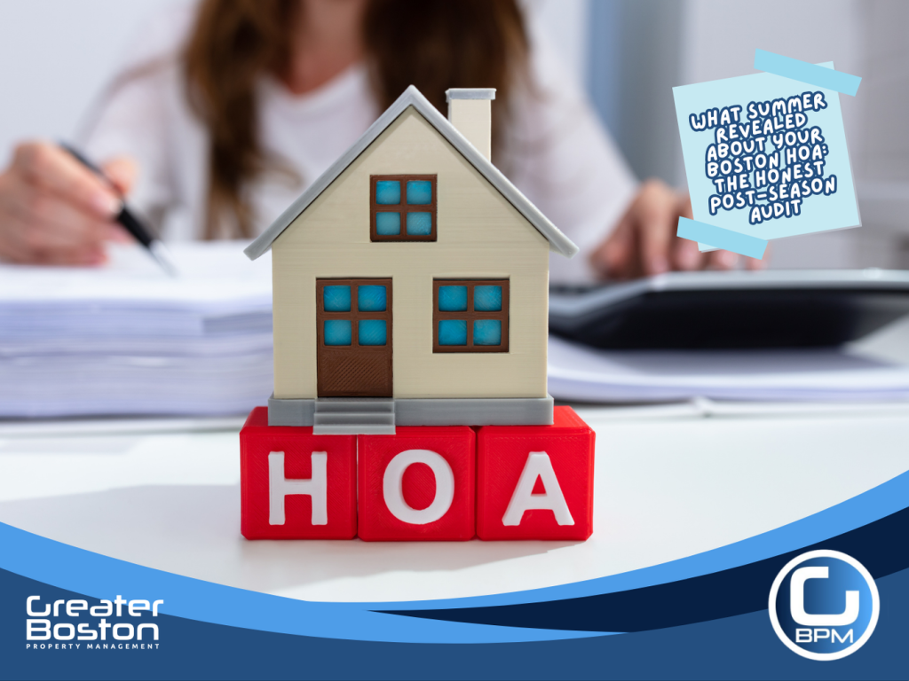 Boston HOA house model on red letter blocks beside trustee reviewing financial documents and calculator representing the honest post-season audit threshold indicators that signal a Boston HOA has outgrown self-management and needs professional HOA management in 2026