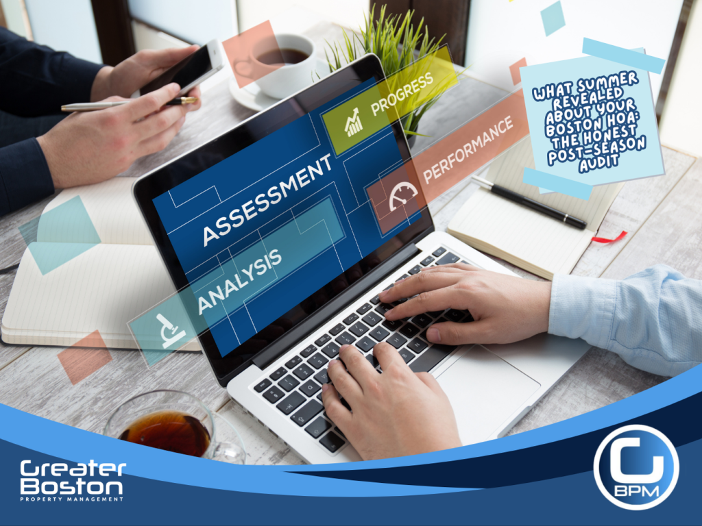 Boston HOA board member conducting post-season assessment analysis and performance review on laptop with progress and performance dashboard representing why August is the most useful month for an honest condo association board evaluation in 2026
