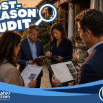 Boston HOA trustees conducting honest post-season audit review with clipboards and tablets outside waterfront brownstone with contractors completing final summer work representing what summer revealed about condo association management gaps in 2026