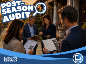 Boston HOA trustees conducting honest post-season audit review with clipboards and tablets outside waterfront brownstone with contractors completing final summer work representing what summer revealed about condo association management gaps in 2026