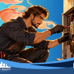 Illustrated heating technician intensely servicing complex boiler valve and pressure gauge system representing the October heating system readiness preparation Boston condo buildings must complete before winter in 2026