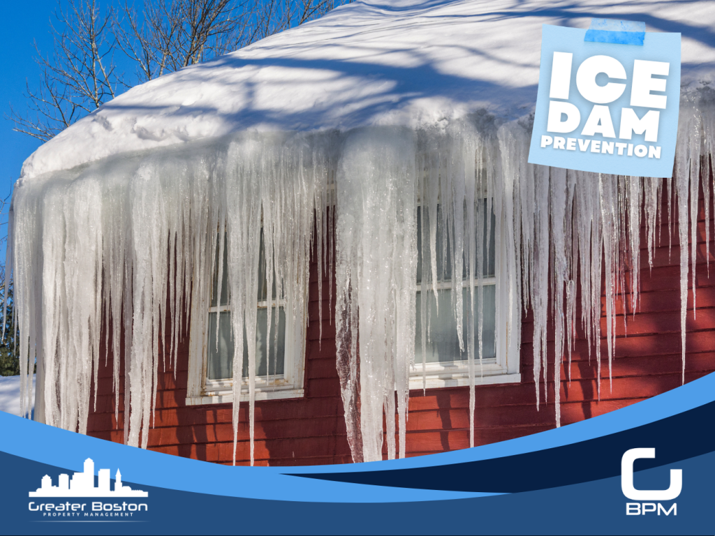Massive ice dam icicles covering entire eave and window surround of Boston condo building exterior wall showing the heat loss mechanism that creates ice dams when meltwater refreezes at unheated roof overhang in Boston winters in 2026
