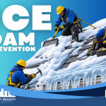 Three safety-harnessed roofing crew members removing ice dam snow and icicle buildup from Boston condo building roof with shovels and picks representing the ice dam prevention guide for stopping the city's most expensive winter insurance claim in 2026