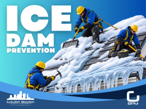 Three safety-harnessed roofing crew members removing ice dam snow and icicle buildup from Boston condo building roof with shovels and picks representing the ice dam prevention guide for stopping the city's most expensive winter insurance claim in 2026