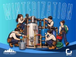 Illustrated winterization crew of four technicians servicing boiler hot water tank copper piping brass valves and pressure systems representing the complete Boston condo water system purge every association must complete before the first hard frost in 2026